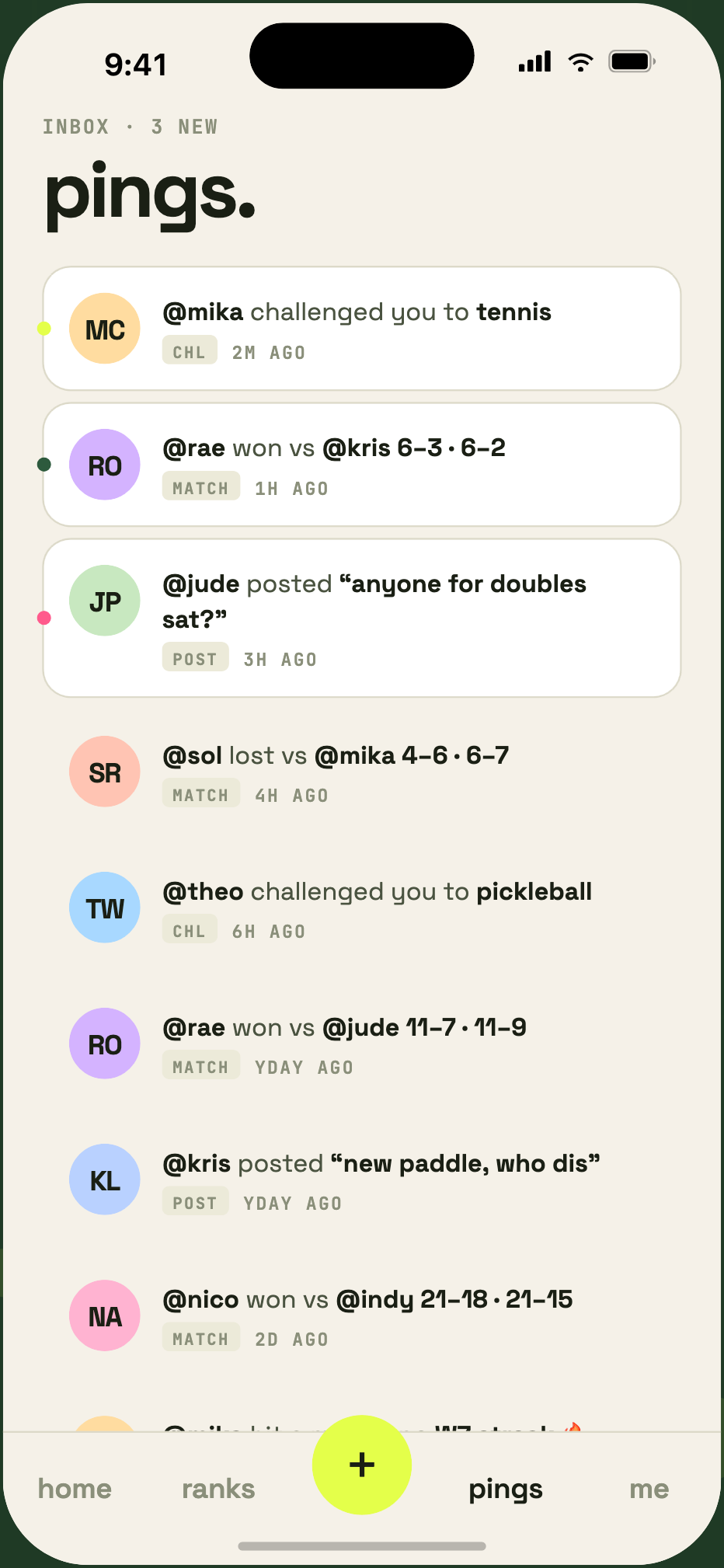 rally activity feed — pings, challenges, match results